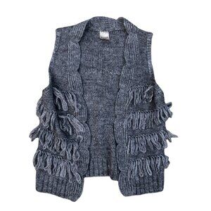 PUFF & BEAR Women's Fringe Wool Blend Vest LARGE Grey Knit Sleeveless Jacket‌‌‌